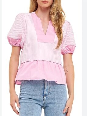 English factory Contrast Stripe Puff Sleeve Top pink